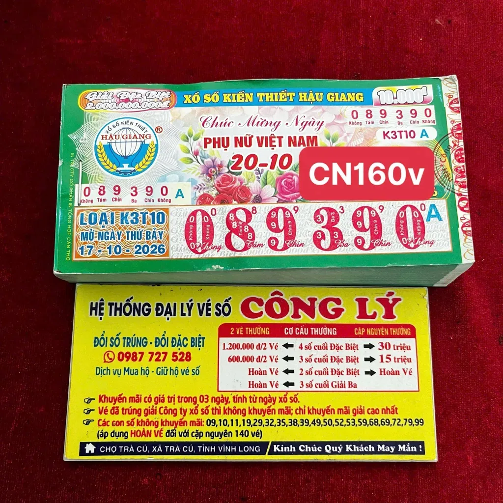 Cây vé số kiến thiết Hậu Giang xếp thành tập dày, minh họa quy cách 1 cây vé số miền Nam gồm 160 tờ năm 2026.