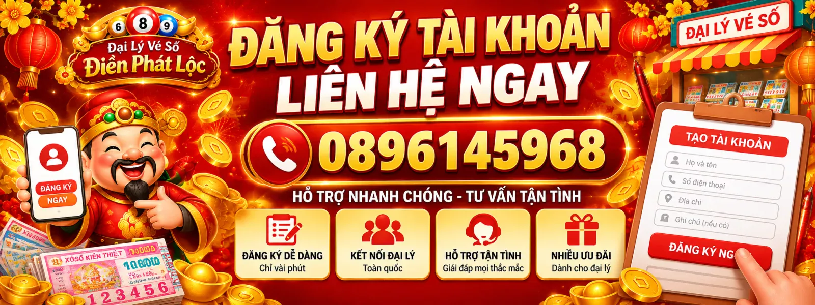 Banner đăng ký tài khoản cộng đồng đại lý vé số Điền Phát Lộc, kết nối điểm bán và liên hệ hỗ trợ 0896145968.