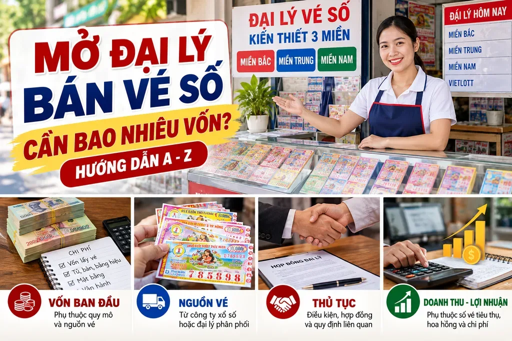 Infographic hướng dẫn mở đại lý bán vé số với hình ảnh quầy vé số kiến thiết và bốn nội dung: vốn ban đầu, nguồn vé, thủ tục và doanh thu lợi nhuận.