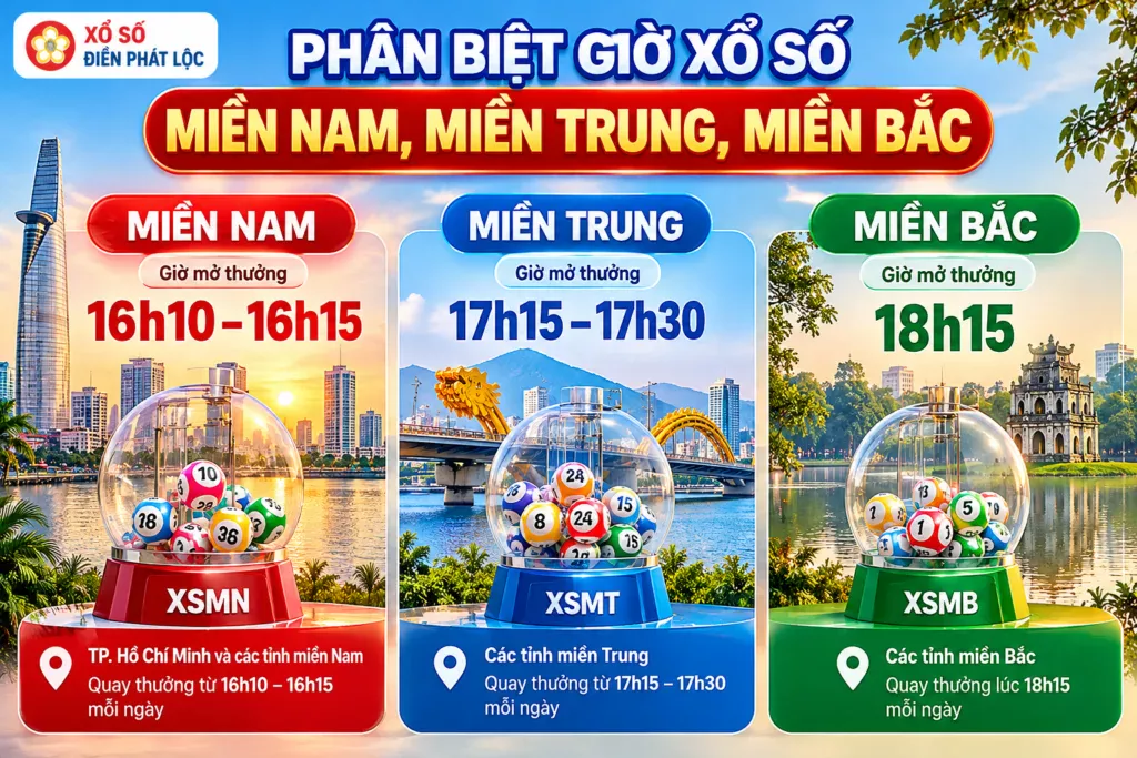 So sánh giờ xổ số miền Nam 16h10–16h15, miền Trung 17h15–17h30 và miền Bắc 18h15